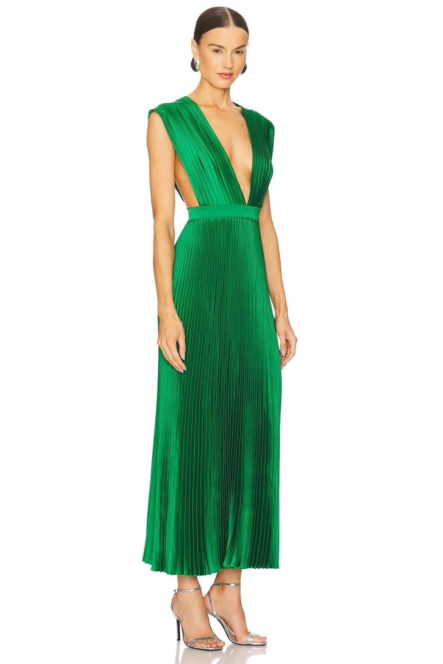 L'IDEE Gala Pleated Satin Emerald Green Midi Dress US 4